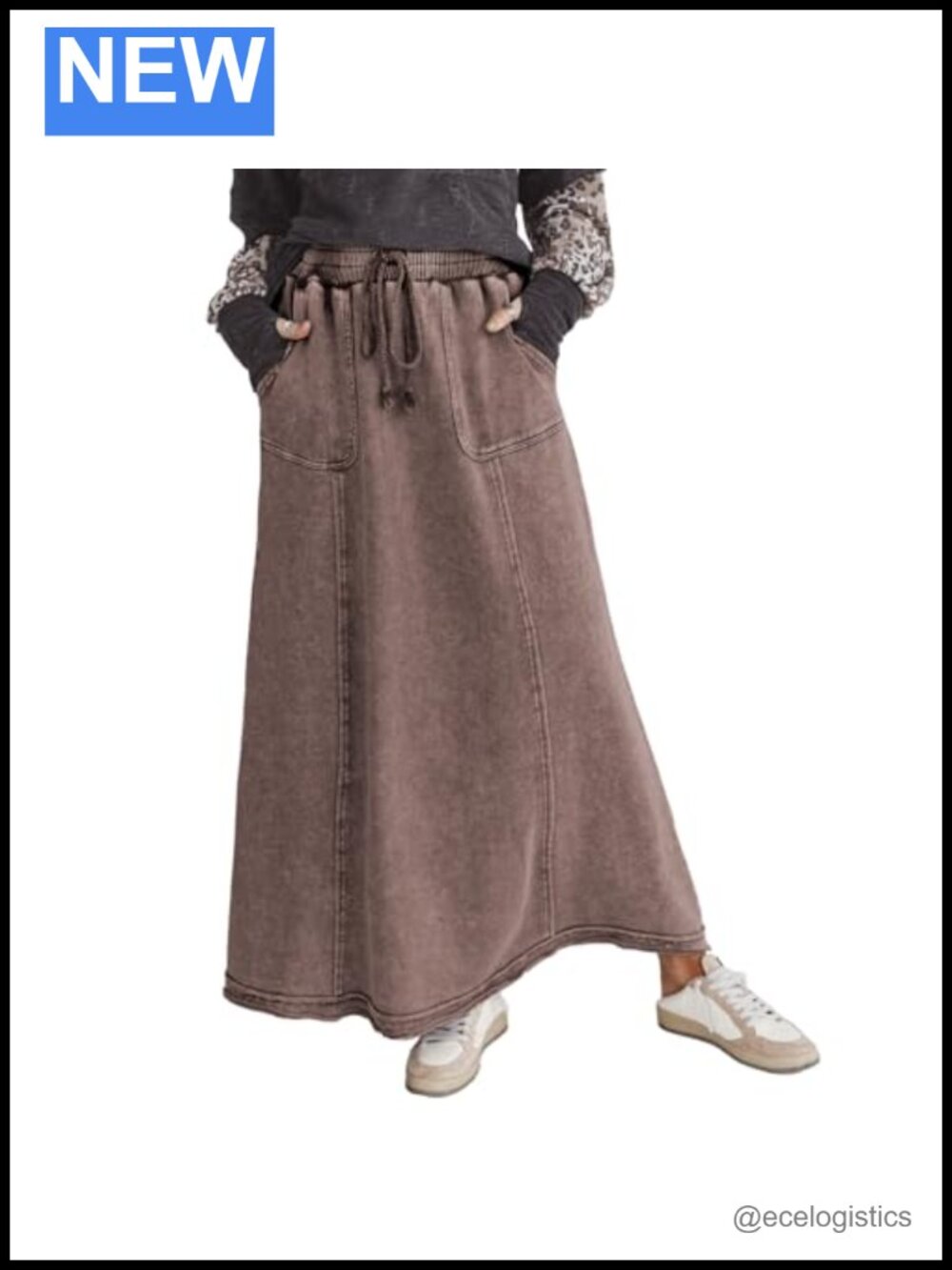 Boho Acid Wash Cotton Maxi Skirt with Pockets High Waist Flowy